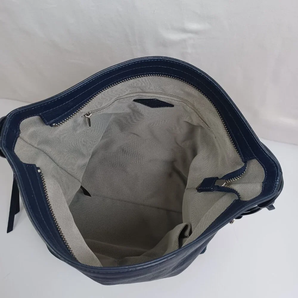 Fossil Bag Navy Blue Leather and Suede Zip Top‎ Hobo Shoulder Bucket Bag